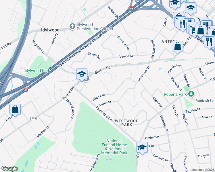 map of restaurants, bars, coffee shops, grocery stores, and more near 2529 Remington Street in Falls Church