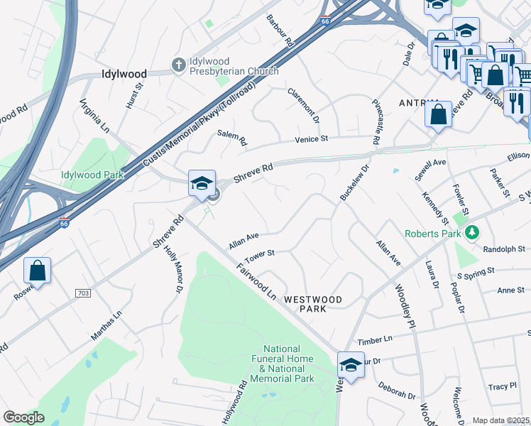 map of restaurants, bars, coffee shops, grocery stores, and more near 2529 Remington Street in Falls Church