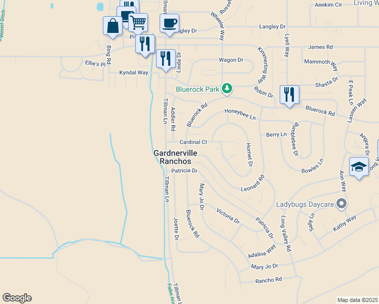 map of restaurants, bars, coffee shops, grocery stores, and more near 698 Bluerock Road in Gardnerville