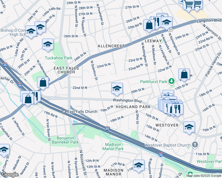 map of restaurants, bars, coffee shops, grocery stores, and more near 2100 North Potomac Street in Arlington