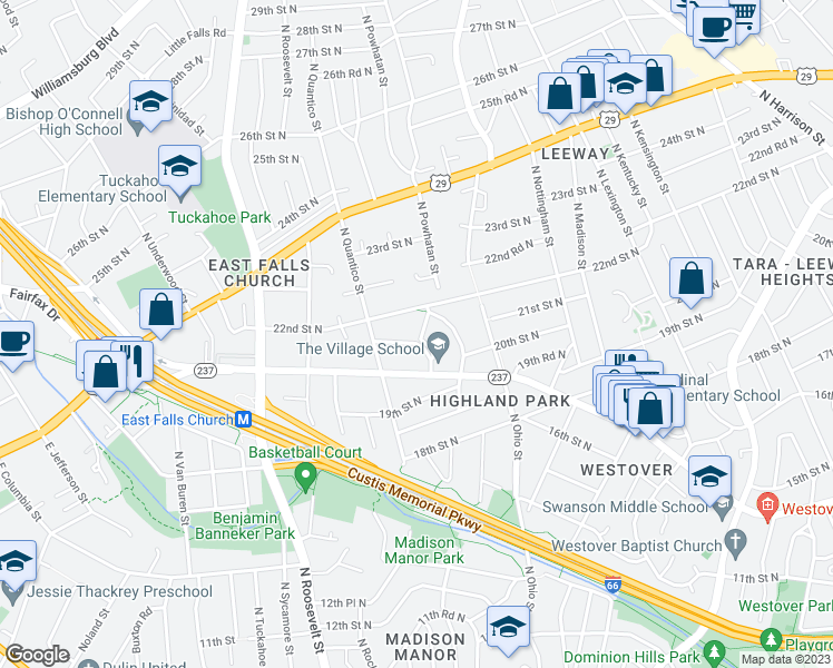 map of restaurants, bars, coffee shops, grocery stores, and more near 2100 North Potomac Street in Arlington