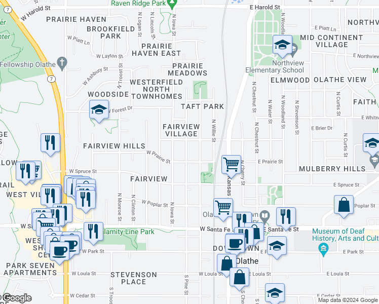 map of restaurants, bars, coffee shops, grocery stores, and more near 514 North Pine Street in Olathe