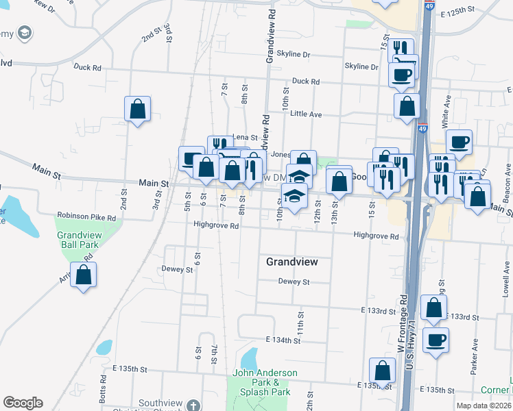 map of restaurants, bars, coffee shops, grocery stores, and more near 13010 Grandview Road in Grandview