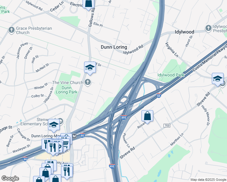 map of restaurants, bars, coffee shops, grocery stores, and more near 8002 Sandburg Court in Dunn Loring