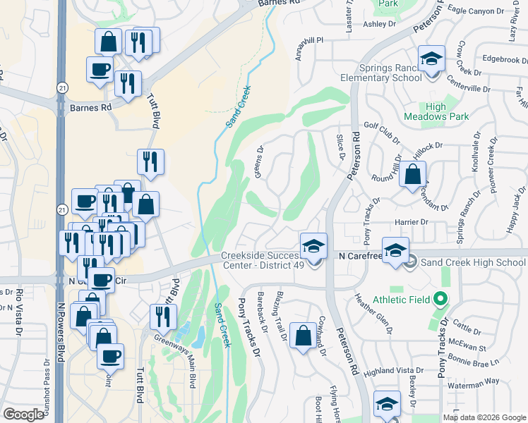 map of restaurants, bars, coffee shops, grocery stores, and more near 6629 Showhorse Court in Colorado Springs