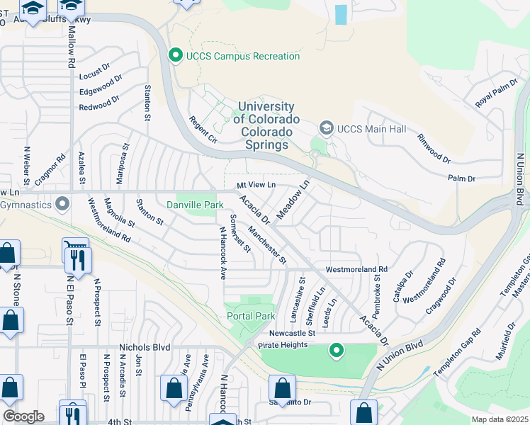 map of restaurants, bars, coffee shops, grocery stores, and more near 3841 Linda Vista Lane in Colorado Springs