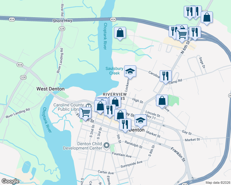 map of restaurants, bars, coffee shops, grocery stores, and more near 307 North 4th Street in Denton