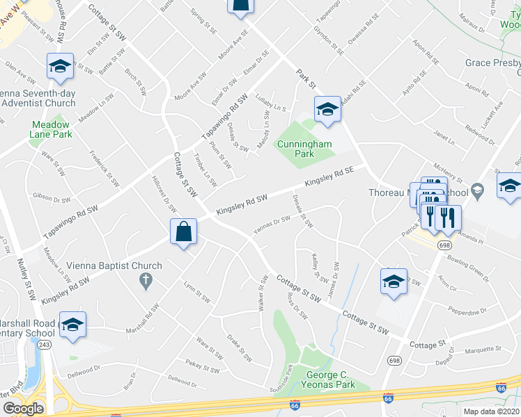 map of restaurants, bars, coffee shops, grocery stores, and more near 118 Kingsley Road Southwest in Vienna