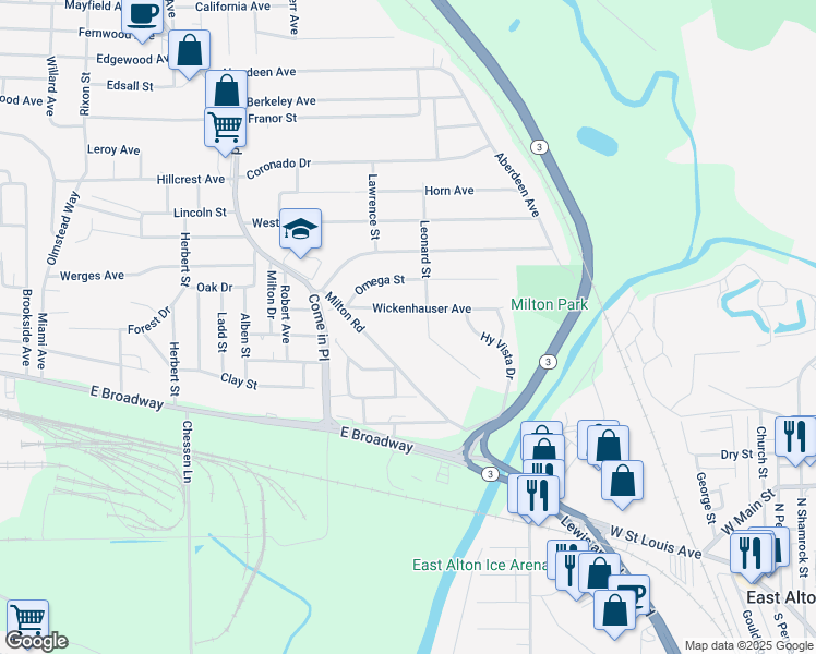 map of restaurants, bars, coffee shops, grocery stores, and more near 3523 Wickenhauser Avenue in Alton