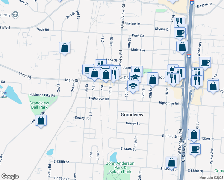 map of restaurants, bars, coffee shops, grocery stores, and more near 801 Main Street in Grandview