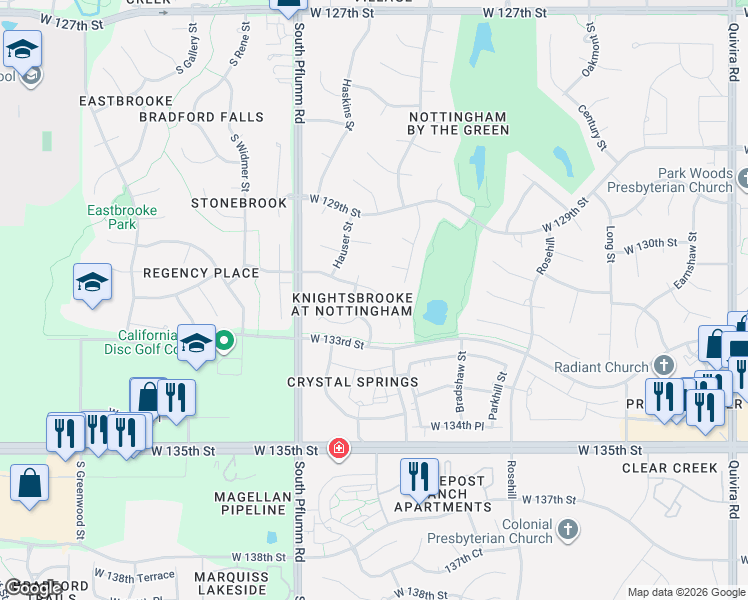 map of restaurants, bars, coffee shops, grocery stores, and more near 13110 West 131st Street in Overland Park
