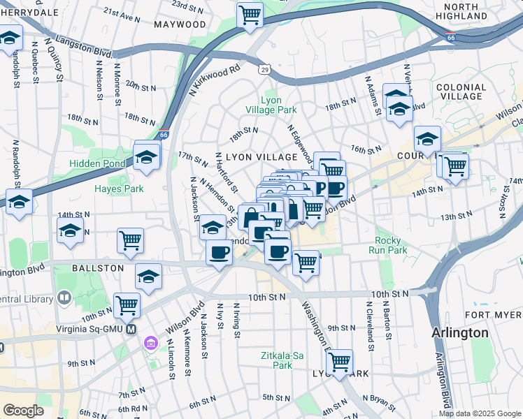 map of restaurants, bars, coffee shops, grocery stores, and more near 1306 North Highland Street in Arlington