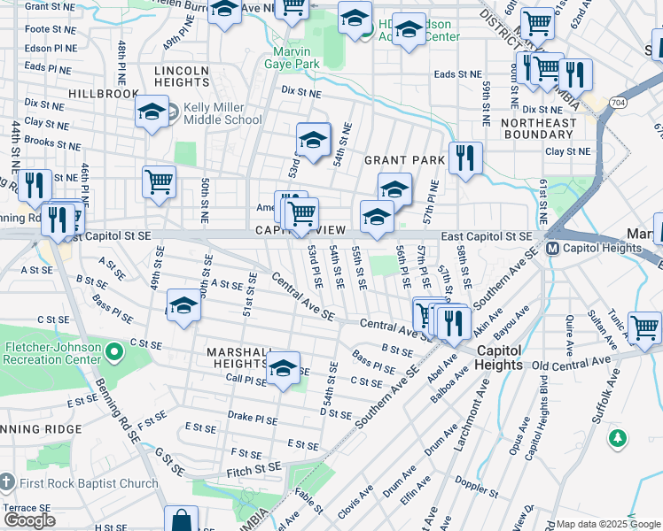map of restaurants, bars, coffee shops, grocery stores, and more near 39 54th Street Southeast in Washington