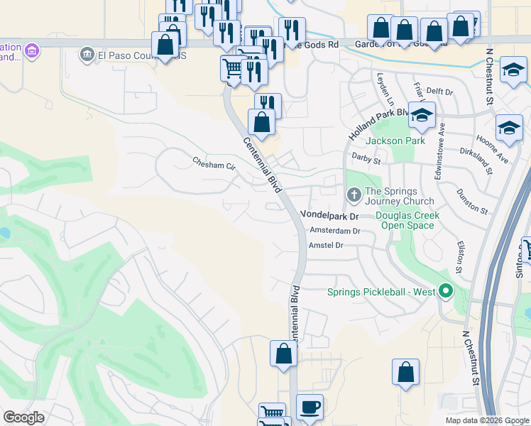map of restaurants, bars, coffee shops, grocery stores, and more near 3935 Michener Drive in Colorado Springs