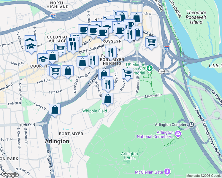map of restaurants, bars, coffee shops, grocery stores, and more near 101 Independence Avenue Southeast in Washington