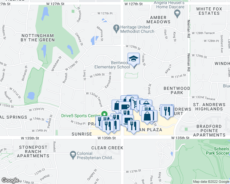 map of restaurants, bars, coffee shops, grocery stores, and more near 11910 West 131st Terrace in Overland Park