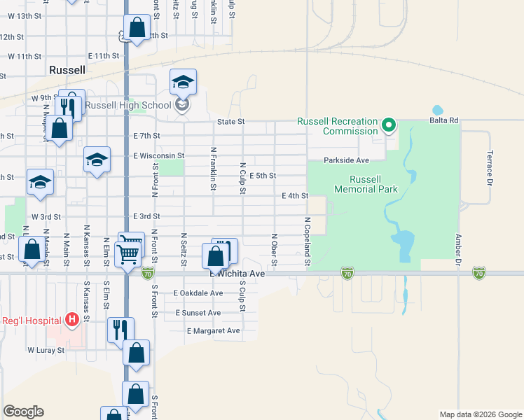 map of restaurants, bars, coffee shops, grocery stores, and more near 800-898 E 4th St in Russell
