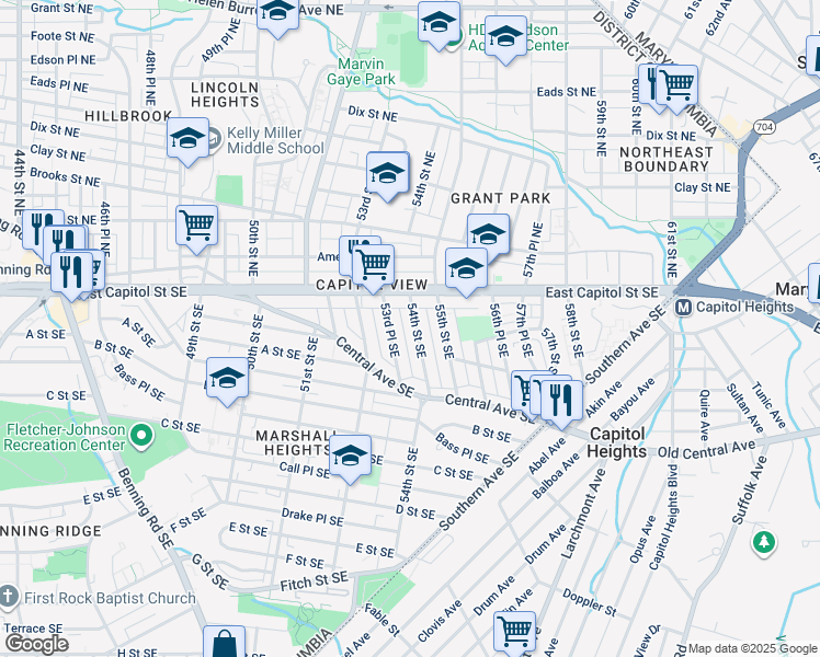 map of restaurants, bars, coffee shops, grocery stores, and more near 39 54th Street Southeast in Washington