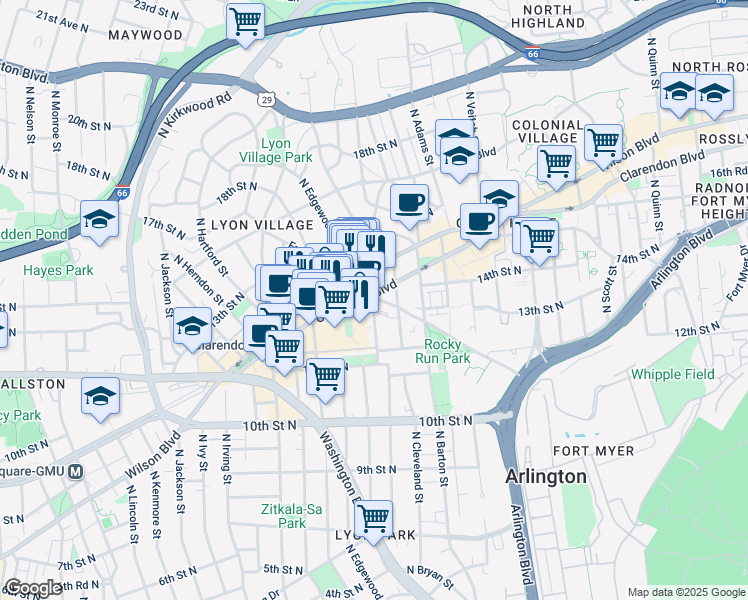 map of restaurants, bars, coffee shops, grocery stores, and more near 4747 Fairfax Drive in Arlington