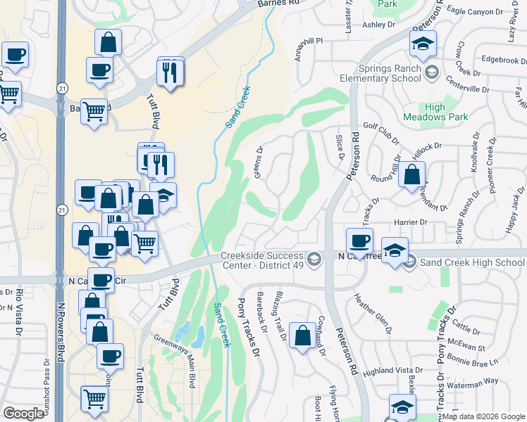 map of restaurants, bars, coffee shops, grocery stores, and more near 6629 Showhorse Court in Colorado Springs