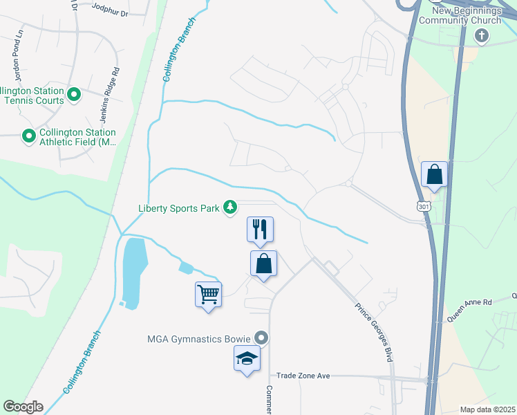 map of restaurants, bars, coffee shops, grocery stores, and more near 201 Prince Georges Boulevard in Upper Marlboro