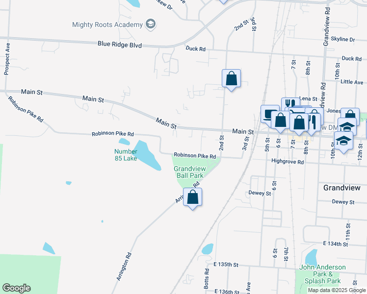 map of restaurants, bars, coffee shops, grocery stores, and more near 4005 Main Street in Grandview