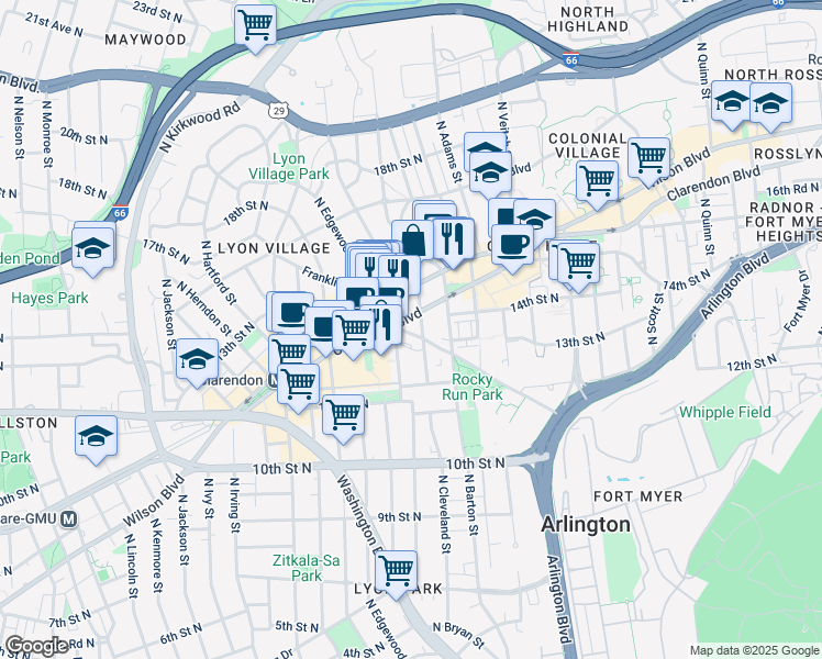 map of restaurants, bars, coffee shops, grocery stores, and more near 2627 Fairfax Drive in Arlington
