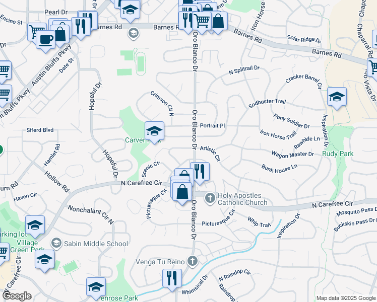 map of restaurants, bars, coffee shops, grocery stores, and more near 4793 Artistic Circle in Colorado Springs
