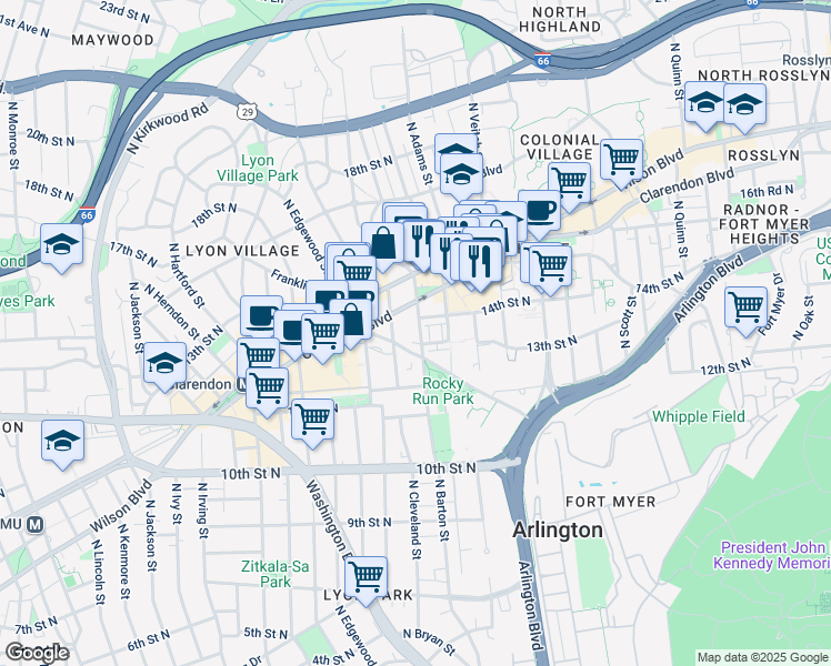 map of restaurants, bars, coffee shops, grocery stores, and more near 1306 North Barton Street in Arlington