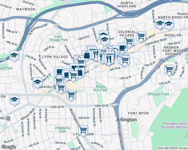 map of restaurants, bars, coffee shops, grocery stores, and more near 1306 North Barton Street in Arlington