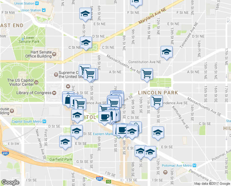 map of restaurants, bars, coffee shops, grocery stores, and more near 7th St SE & A St SE in Washington