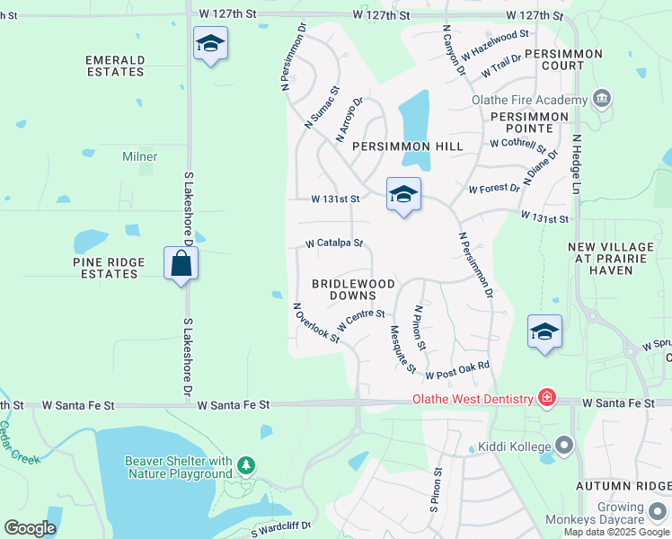map of restaurants, bars, coffee shops, grocery stores, and more near 2623 West Catalpa Street in Olathe