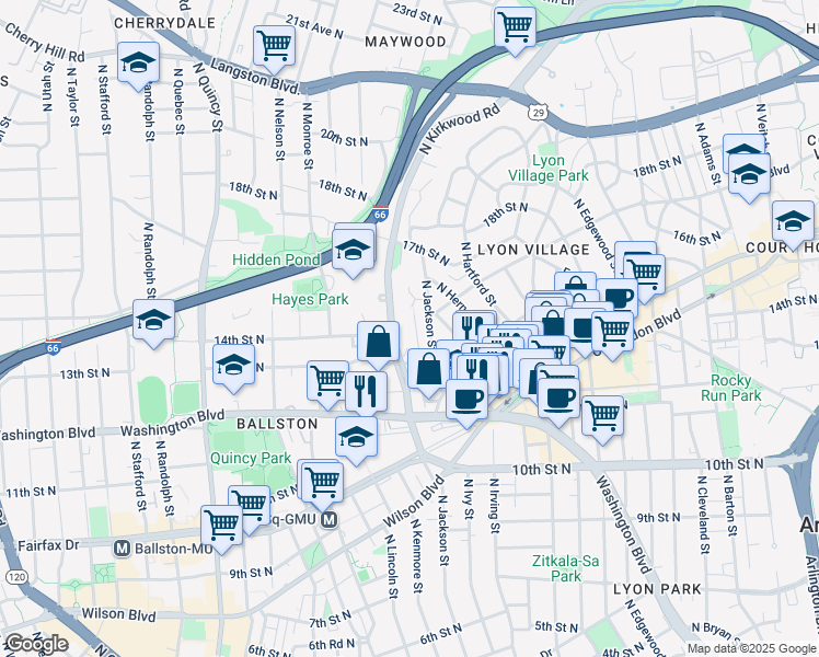 map of restaurants, bars, coffee shops, grocery stores, and more near 1414 North Johnson Street in Arlington