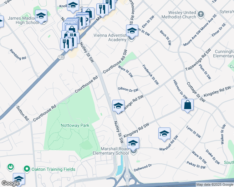 map of restaurants, bars, coffee shops, grocery stores, and more near 703 Meadow Lane Southwest in Vienna