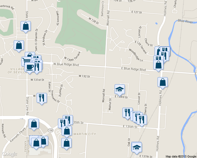 map of restaurants, bars, coffee shops, grocery stores, and more near 6 West 132 Street in Kansas City