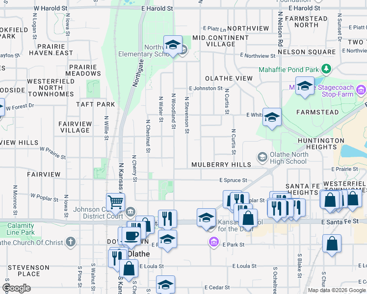 map of restaurants, bars, coffee shops, grocery stores, and more near 533 North Stevenson Street in Olathe