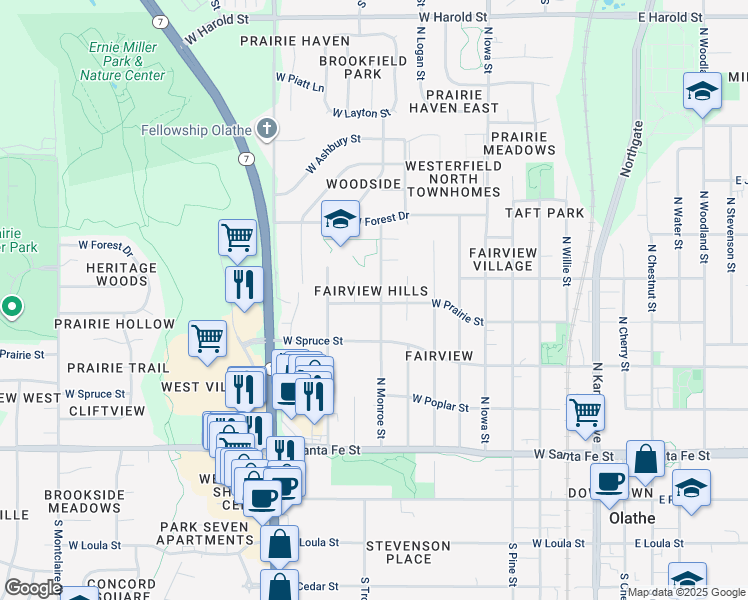 map of restaurants, bars, coffee shops, grocery stores, and more near 503 North Monroe Street in Olathe