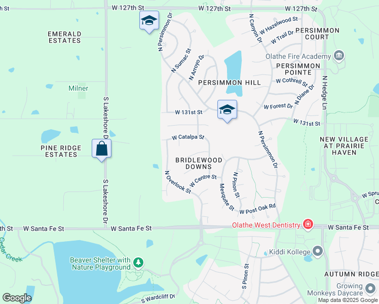 map of restaurants, bars, coffee shops, grocery stores, and more near 2623 West Catalpa Street in Olathe