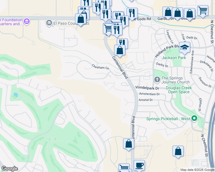 map of restaurants, bars, coffee shops, grocery stores, and more near 1521 Shane Circle in Colorado Springs
