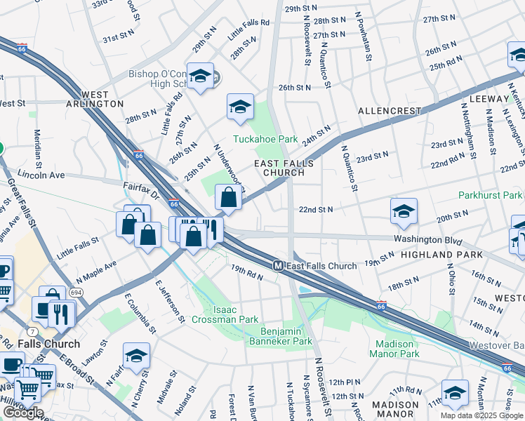 map of restaurants, bars, coffee shops, grocery stores, and more near 2226 North Tuckahoe Street in Arlington