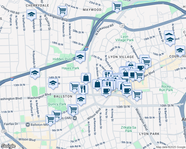 map of restaurants, bars, coffee shops, grocery stores, and more near 1414 North Johnson Street in Arlington