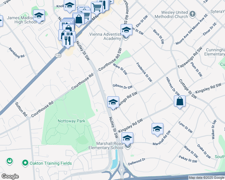 map of restaurants, bars, coffee shops, grocery stores, and more near 703 Meadow Lane Southwest in Vienna