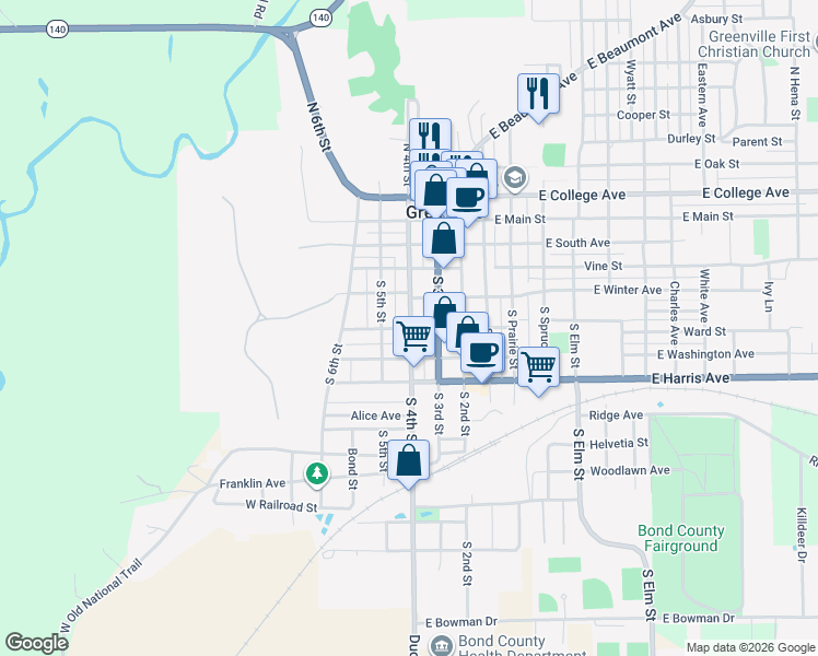 map of restaurants, bars, coffee shops, grocery stores, and more near 405 West Spring Street in Greenville
