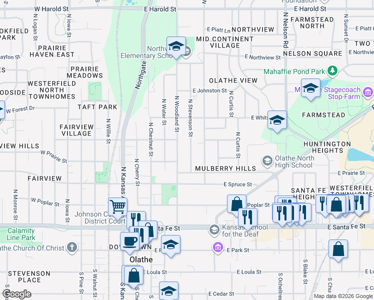 map of restaurants, bars, coffee shops, grocery stores, and more near 533 North Stevenson Street in Olathe