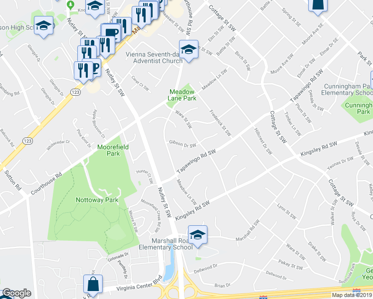 map of restaurants, bars, coffee shops, grocery stores, and more near 608 Gibson Circle Southwest in Vienna