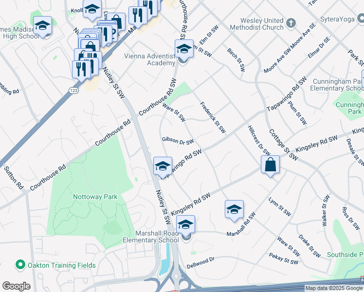 map of restaurants, bars, coffee shops, grocery stores, and more near 608 Gibson Circle Southwest in Vienna