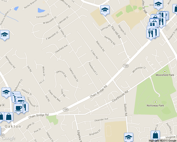map of restaurants, bars, coffee shops, grocery stores, and more near 2683 Oak Valley Drive in Vienna
