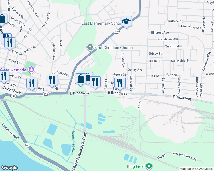 map of restaurants, bars, coffee shops, grocery stores, and more near 227 Allen Street in Alton