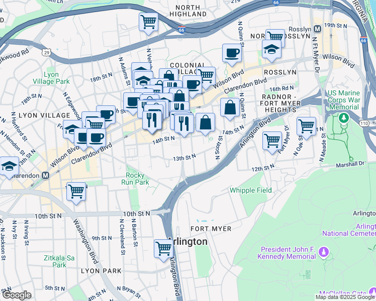map of restaurants, bars, coffee shops, grocery stores, and more near 1301 North Courthouse Road in Arlington