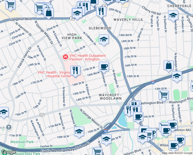 map of restaurants, bars, coffee shops, grocery stores, and more near 4823 16th Street North in Arlington